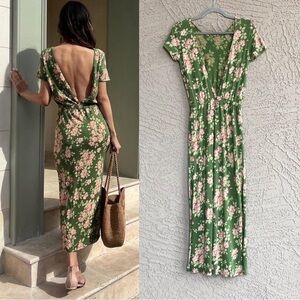 SEZANE Green Pink & Cream Floral Printed Cotton Open Back Luce Midi Maxi Dress